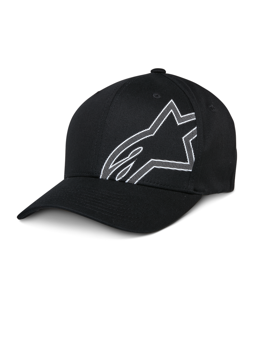 Alpinestars Share Hat, gorra de béisbol negra, logotipo Astars delineado en blanco, visera curva, corona estructurada, ropa deportiva casual