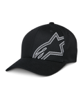 Alpinestars Share Hat, gorra de béisbol negra, logotipo Astars delineado en blanco, visera curva, corona estructurada, ropa deportiva casual