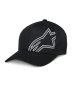 Alpinestars Share Hat, gorra de béisbol negra, logotipo Astars delineado en blanco, visera curva, corona estructurada, ropa deportiva casual