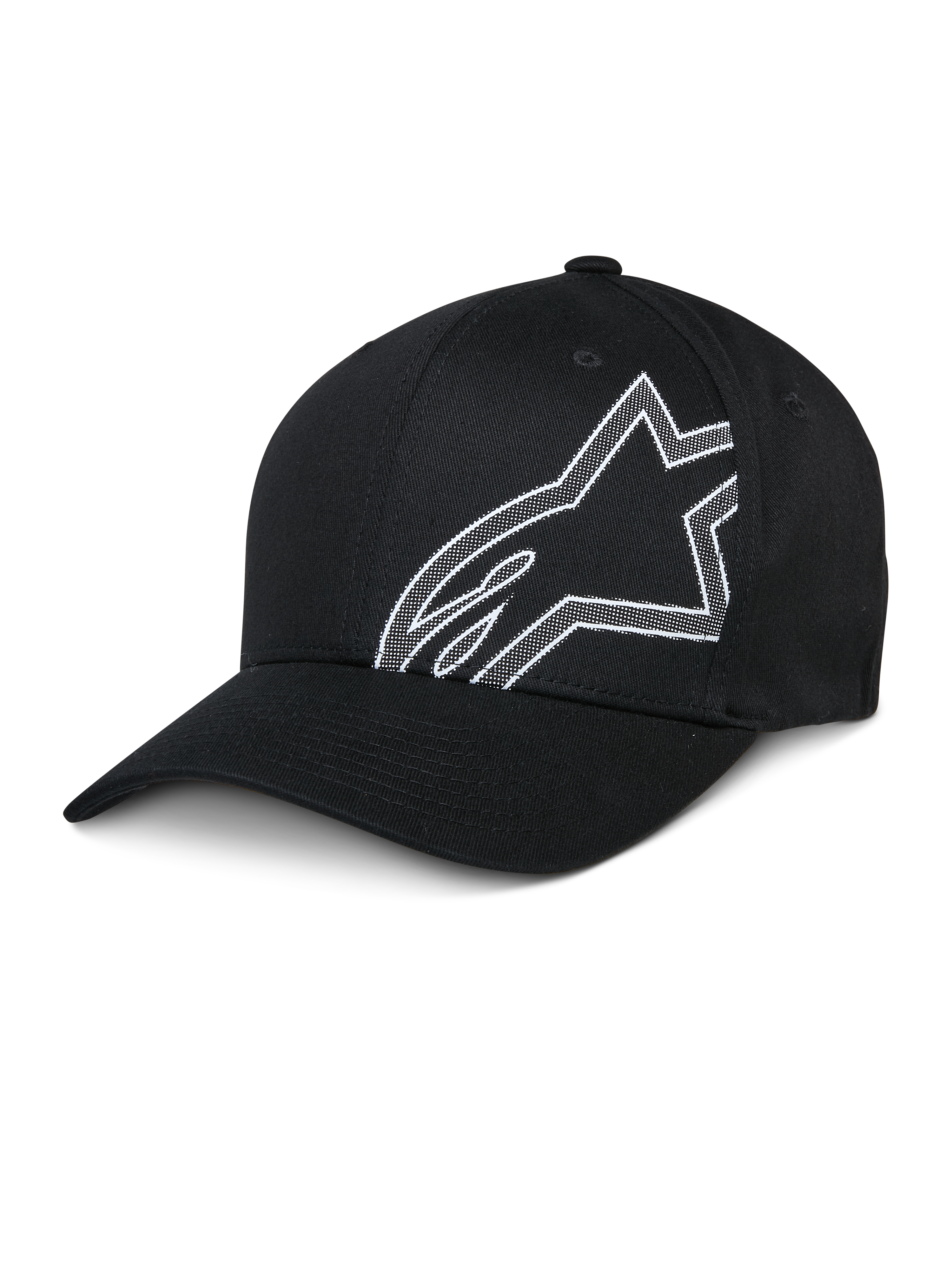 Alpinestars Share Hat, gorra de béisbol negra, logotipo Astars delineado en blanco, visera curva, corona estructurada, ropa deportiva casual