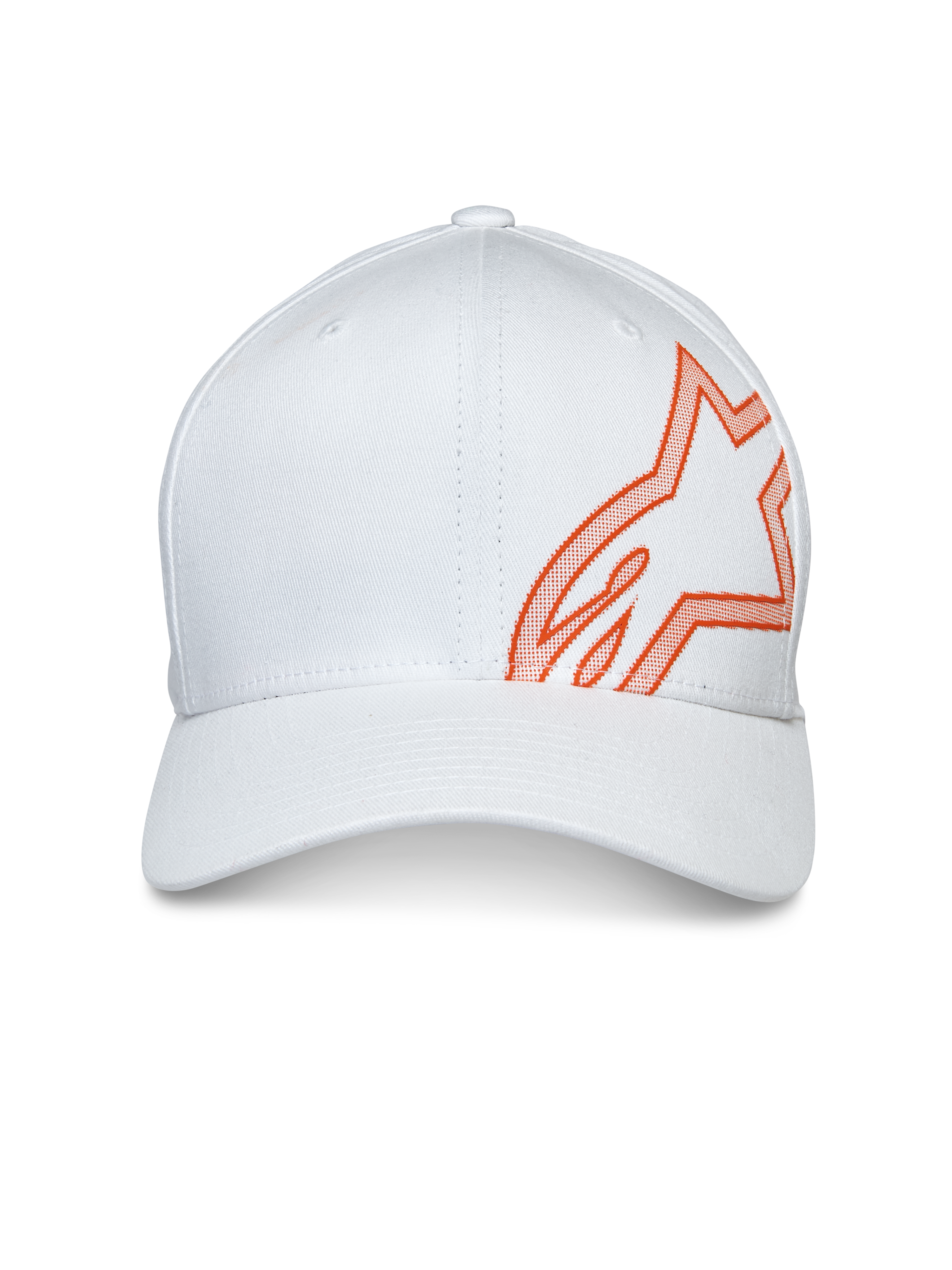Alpinestars Gorra Share, gorra de béisbol, blanca, con un gran logotipo Astars en relieve HD de color naranja en el lateral, visera curva con corona estructurada, accesorio de cabeza casual para motorsport