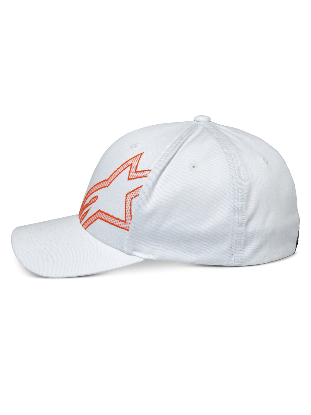 Alpinestars Gorra Share, gorra blanca casual, perfil lateral con el logotipo Astars de contorno naranja, visera curva y corona estructurada, estilo urbano inspirado en el automovilismo