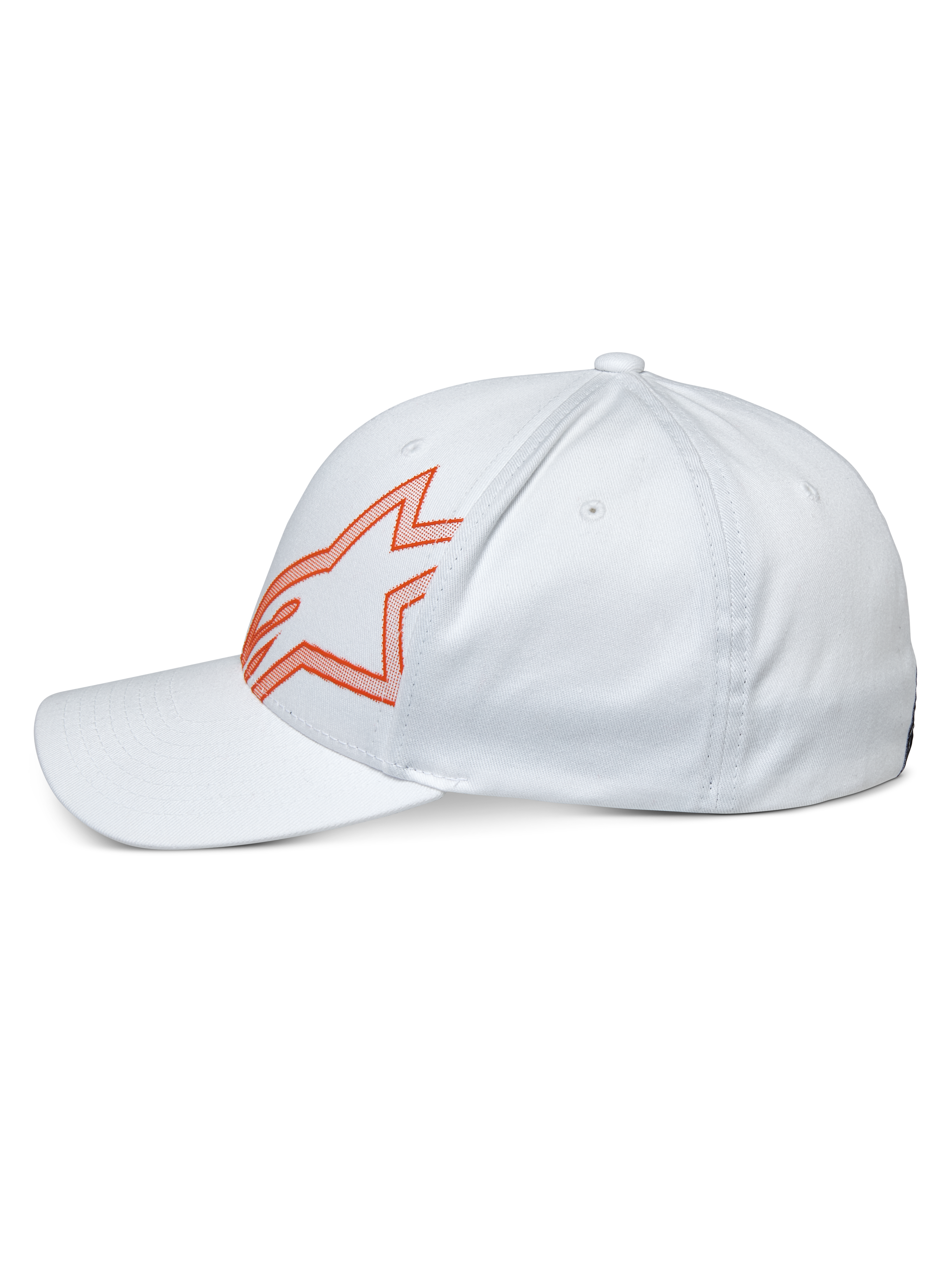 Alpinestars Gorra Share, gorra blanca casual, perfil lateral con el logotipo Astars de contorno naranja, visera curva y corona estructurada, estilo urbano inspirado en el automovilismo