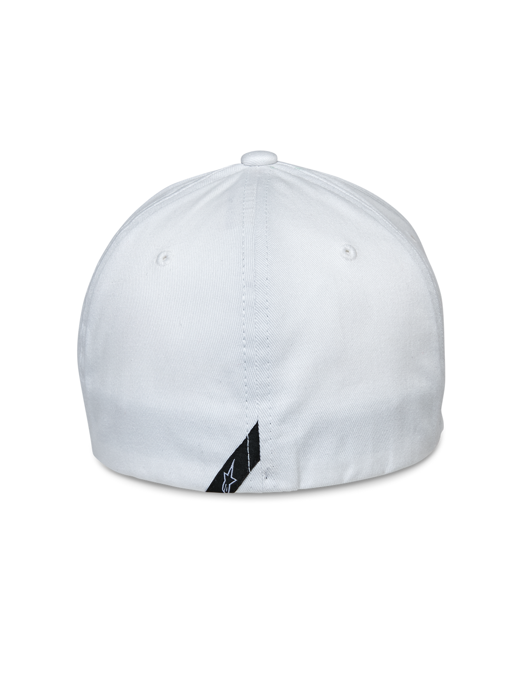 Gorra Alpinestars Share, vista trasera, gorra de béisbol blanca con parte trasera flexible, tejido de sarga elástica, con una pequeña etiqueta de logo negra en el borde inferior, accesorio de ropa deportiva casual