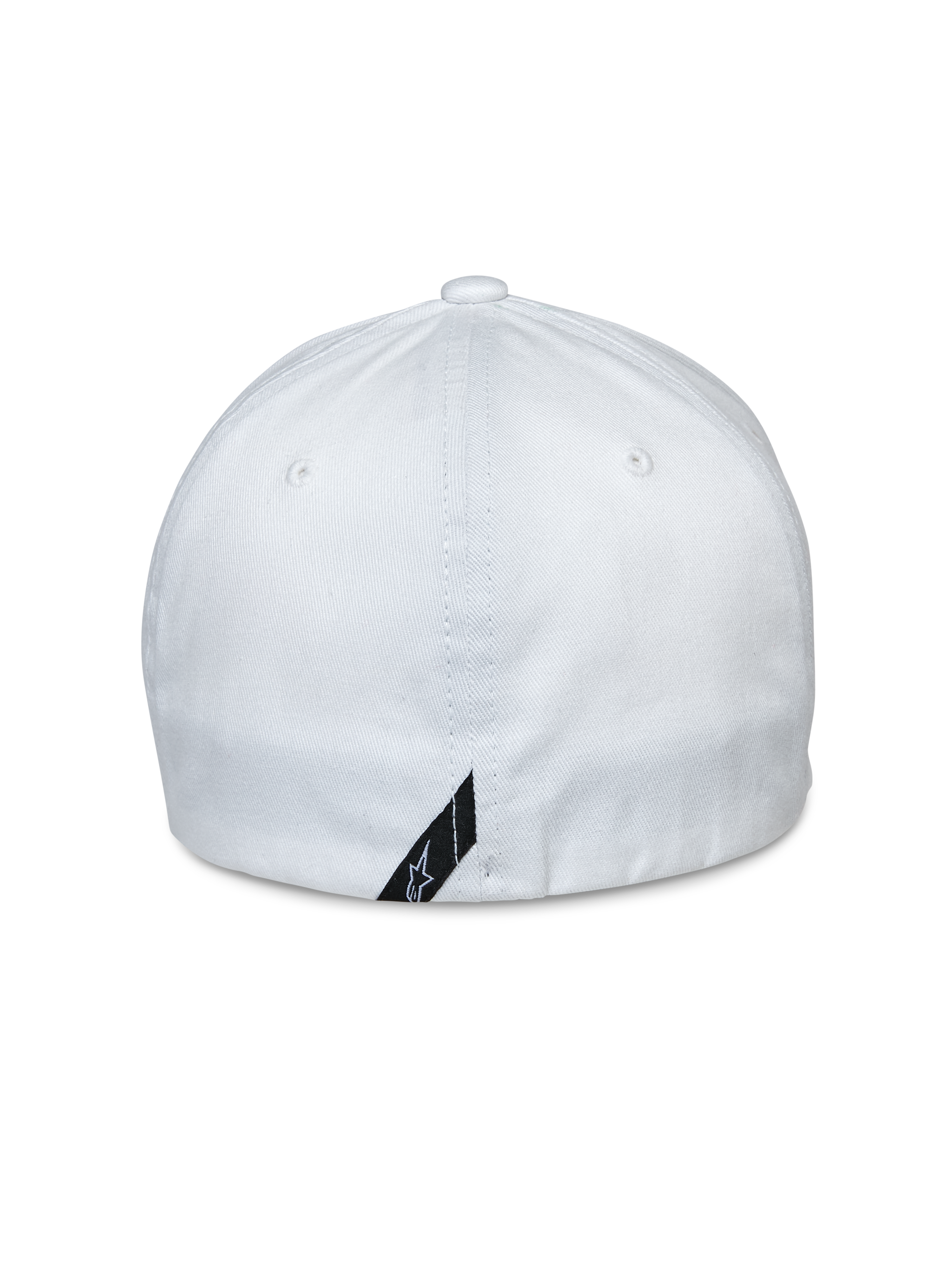 Gorra Alpinestars Share, vista trasera, gorra de béisbol blanca con parte trasera flexible, tejido de sarga elástica, con una pequeña etiqueta de logo negra en el borde inferior, accesorio de ropa deportiva casual