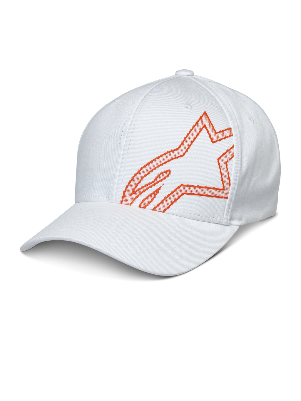 Alpinestars Share Hat, gorra de béisbol blanca con logotipo Astars naranja en relieve HD, visera curva y corona estructurada, ropa deportiva casual de automovilismo