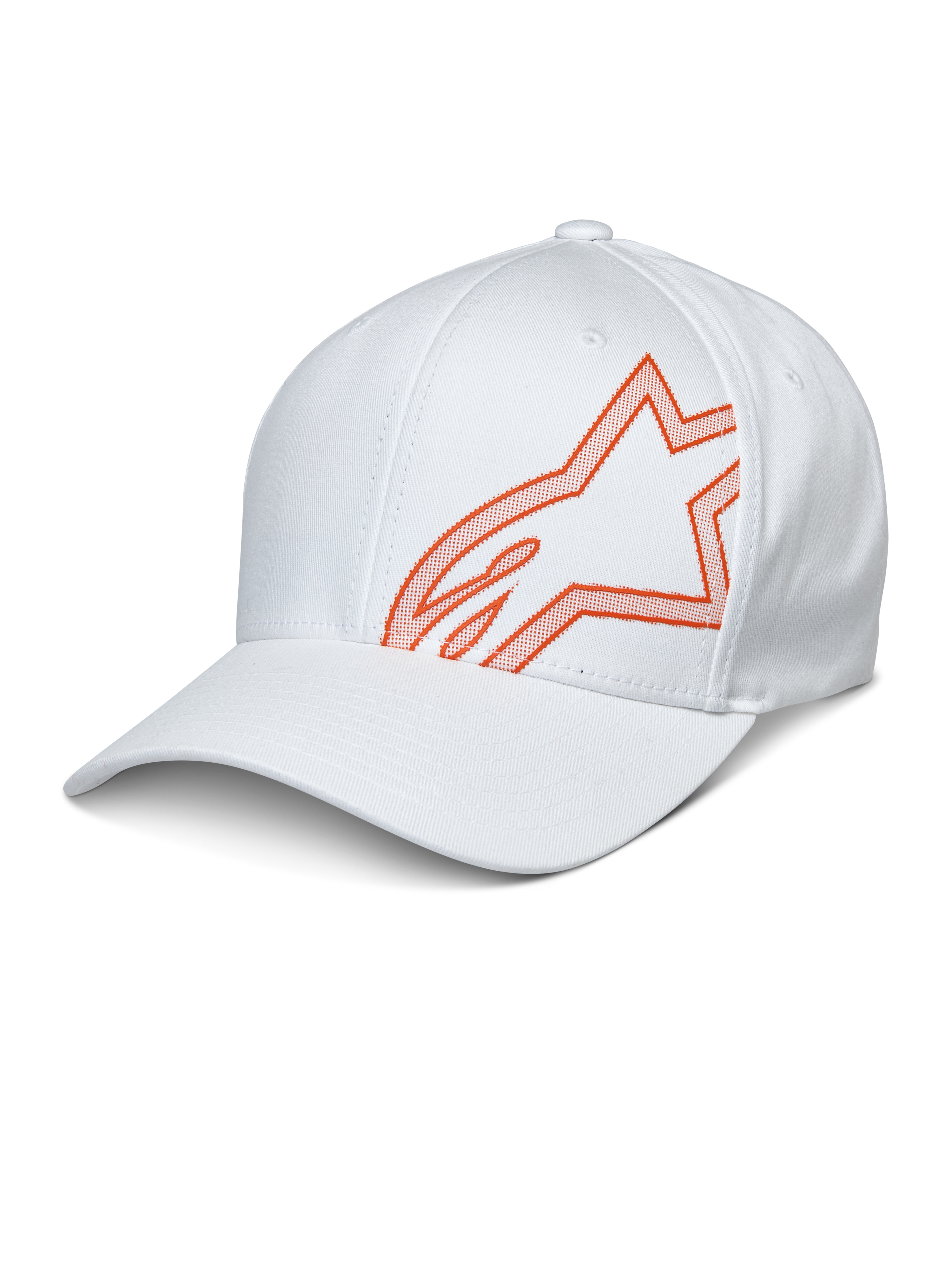 Alpinestars Share Hat, gorra de béisbol blanca con logotipo Astars naranja en relieve HD, visera curva y corona estructurada, ropa deportiva casual de automovilismo