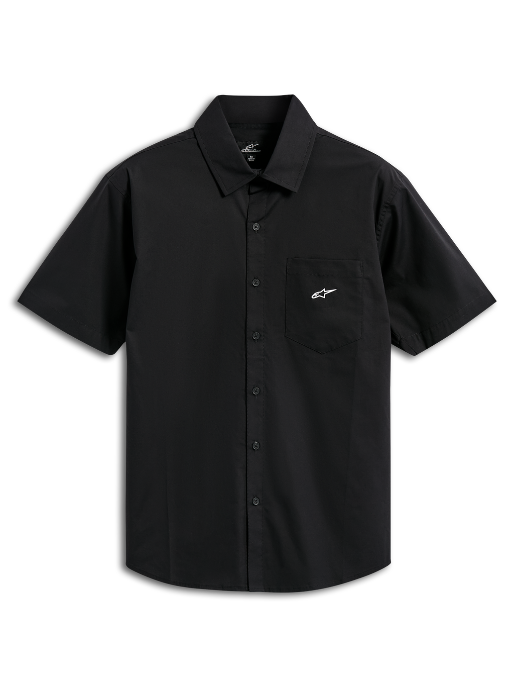 Alpinestars Strive Woven Shirt, Short Sleeve Button-Up Shirt, Black, featuring a white Astar logo on the chest pocket, classic collar and button-front placket, casual motorsport-inspired streetwear