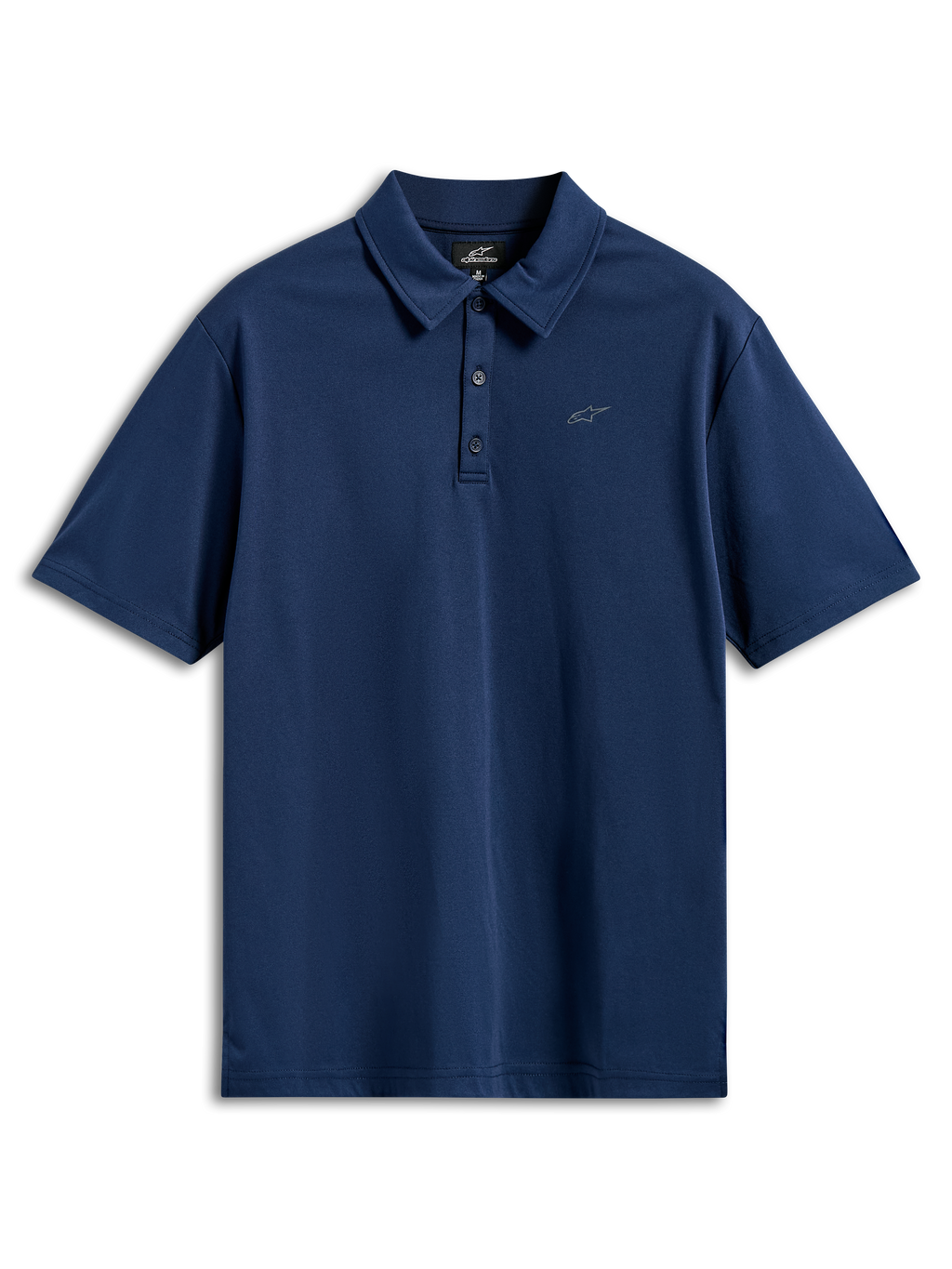 Alpinestars Impetus Sport Polo, Short Sleeve Polo Shirt, Navy Blue, mock mesh fabric with three-button placket and small gray Astars logo on the chest, casual motorsport sportswear