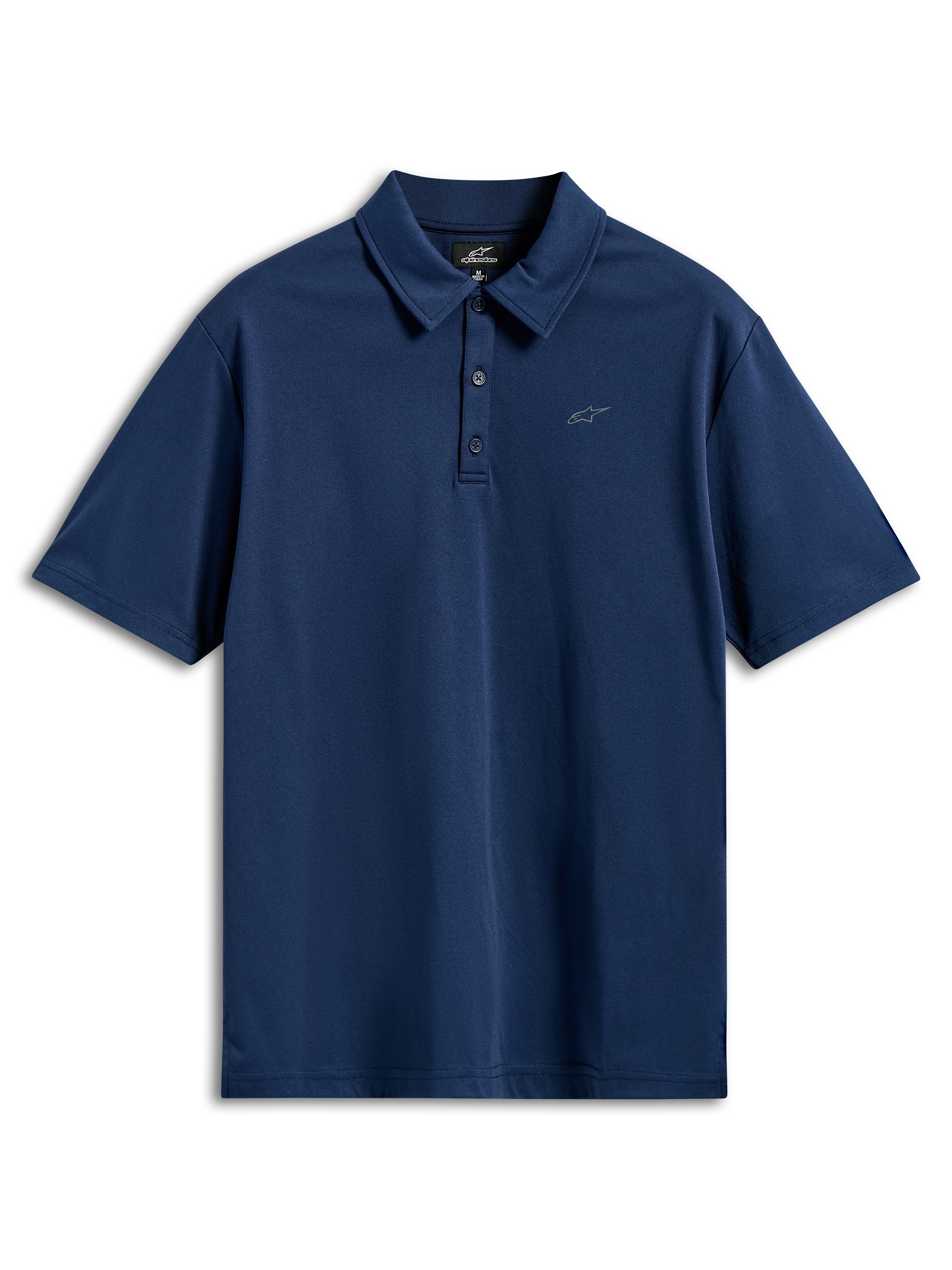 Alpinestars Impetus Sport Polo, Short Sleeve Polo Shirt, Navy Blue, mock mesh fabric with three-button placket and small gray Astars logo on the chest, casual motorsport sportswear