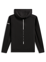 Sudadera con capucha Alpinestars Insight, vista trasera, sudadera negra de forro polar, franja blanca vertical con el texto 'RACING AHEAD', logotipo de Alpinestars en la manga, ropa urbana casual inspirada en el automovilismo