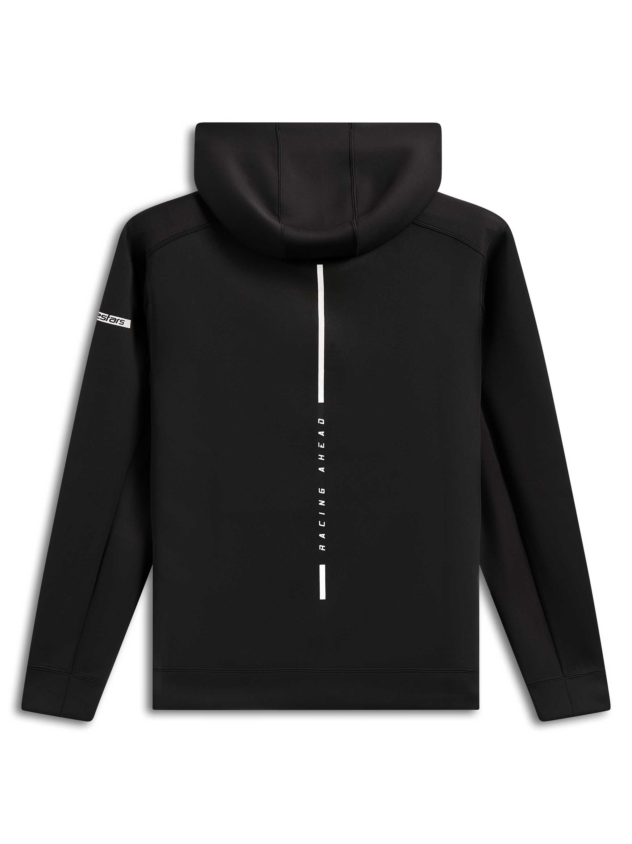 Sudadera con capucha Alpinestars Insight, vista trasera, sudadera negra de forro polar, franja blanca vertical con el texto 'RACING AHEAD', logotipo de Alpinestars en la manga, ropa urbana casual inspirada en el automovilismo