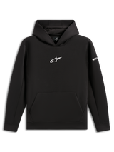 Alpinestars Insight Hoodie, sudadera negra con capucha, logo Astars blanco en el pecho, bolsillo canguro, capucha forrada de malla, ropa urbana casual inspirada en el motorsport