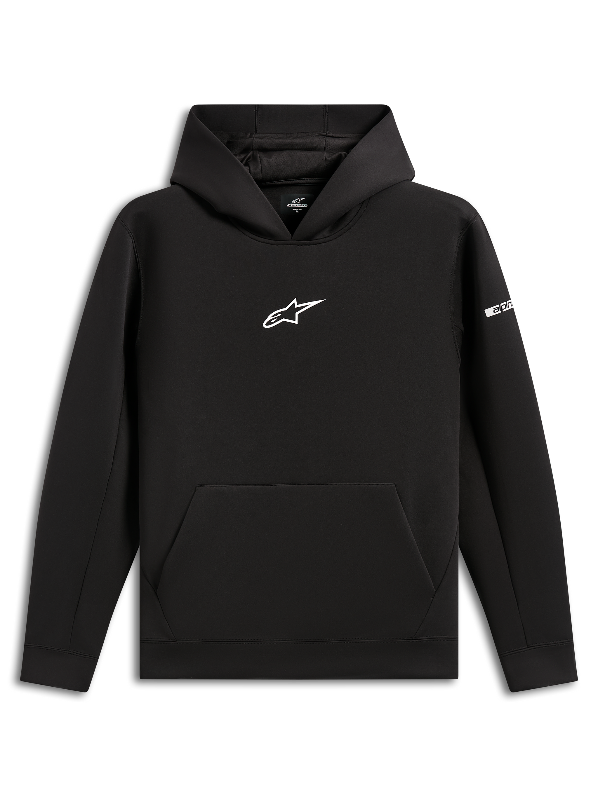 Alpinestars Insight Hoodie, sudadera negra con capucha, logo Astars blanco en el pecho, bolsillo canguro, capucha forrada de malla, ropa urbana casual inspirada en el motorsport