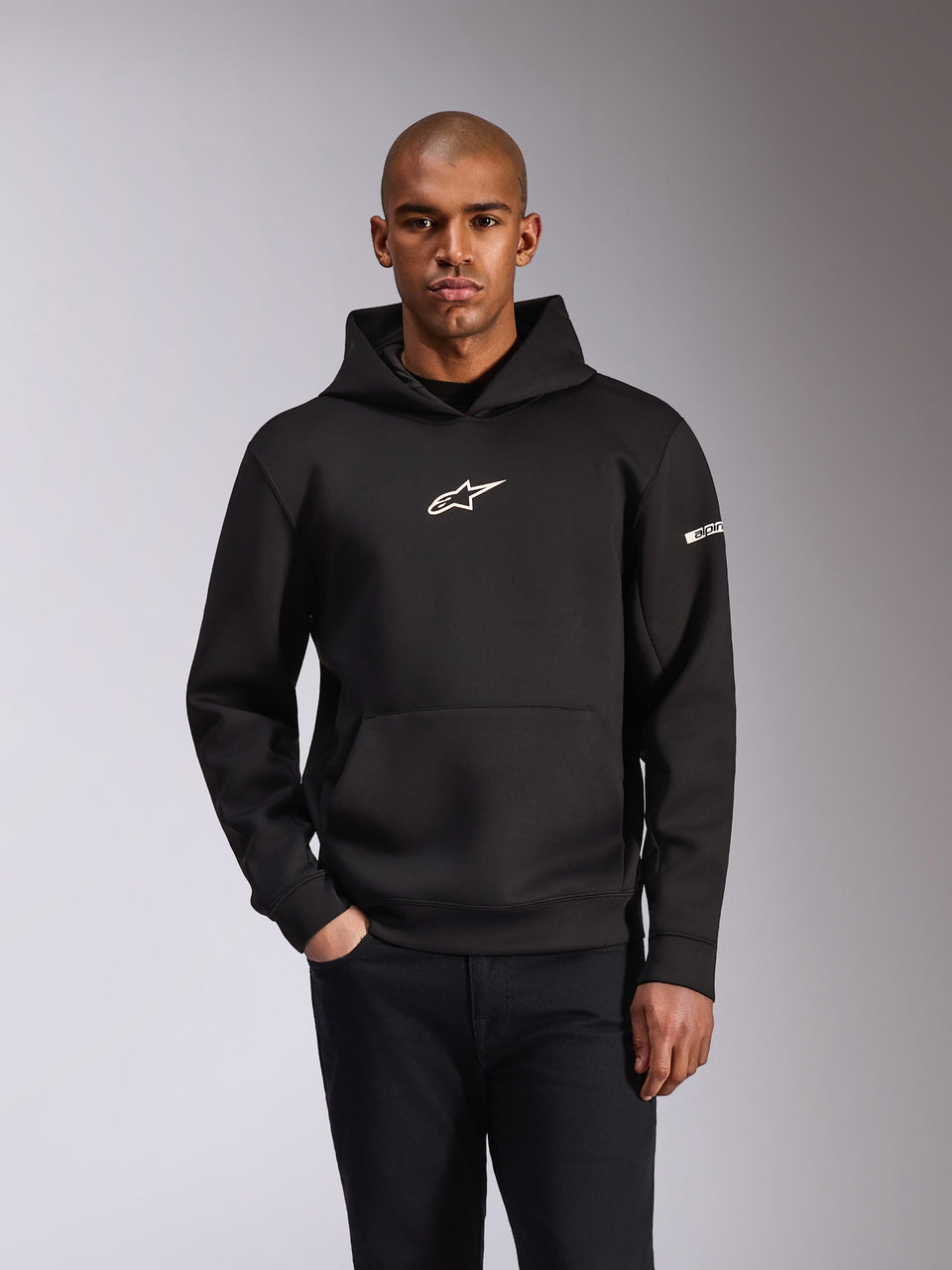 Sudadera con capucha Alpinestars Insight, sudadera negra tipo pulóver, logotipo Astars blanco en el pecho y logo de palabra en la manga, bolsillo canguro, forro polar de doble cara de mezcla triple, ropa urbana casual de estilo motorsport