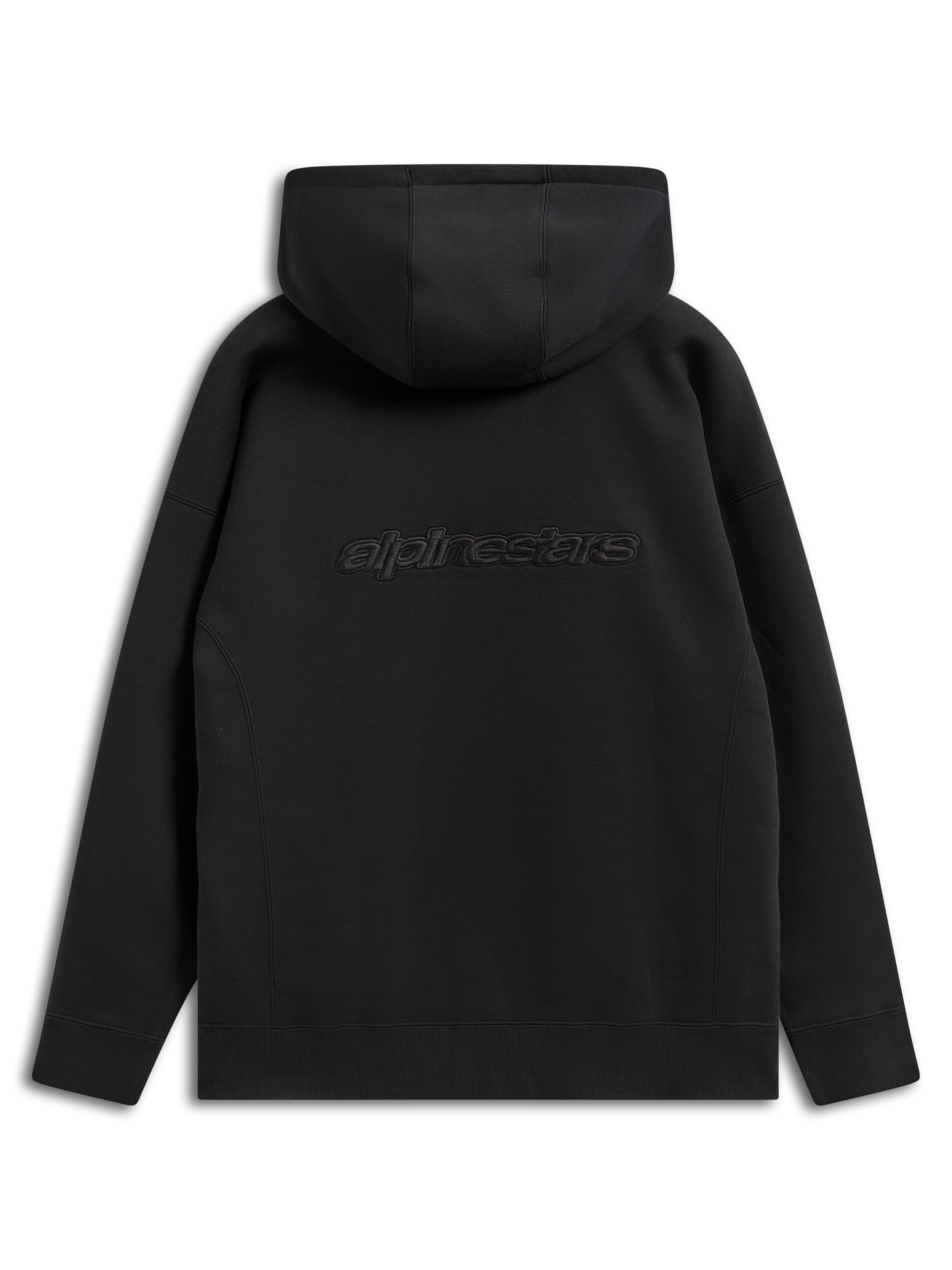 Sudadera Emergent Oversized de Alpinestars, estilo urbano casual negro, vista trasera con el logotipo de Alpinestars bordado, ajuste holgado con diseño de capucha y dobladillo de canalé
