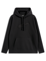 Sudadera Alpinestars Emergent Oversized, estilo streetwear casual, color negro con logo Astars bordado a tono, ajuste holgado, capucha con cordón, bolsillo tipo canguro, diseño moderno inspirado en el automovilismo