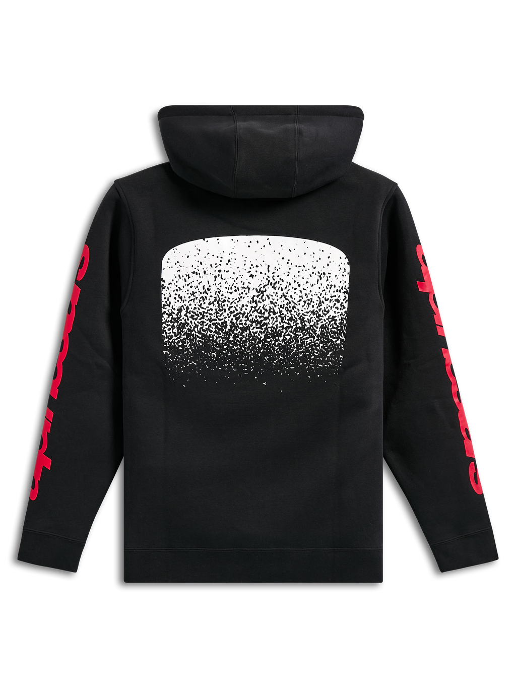 Sudadera con capucha Alpinestars Obsessed, sudadera de forro polar negra, vista posterior, gran gráfico blanco con degradado MX en la espalda, logotipos de Alpinestars en rojo en las mangas, estilo streetwear casual inspirado en el motorsport
