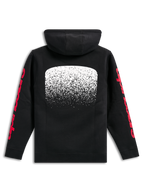 Sudadera con capucha Alpinestars Obsessed, sudadera de forro polar negra, vista posterior, gran gráfico blanco con degradado MX en la espalda, logotipos de Alpinestars en rojo en las mangas, estilo streetwear casual inspirado en el motorsport
