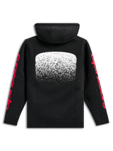 Alpinestars Obsessed Hoodie, black pullover fleece hoodie, back view, large white MX gradation graphic on back, red Alpinestars word logos on sleeves, casual motorsport-inspired streetwear