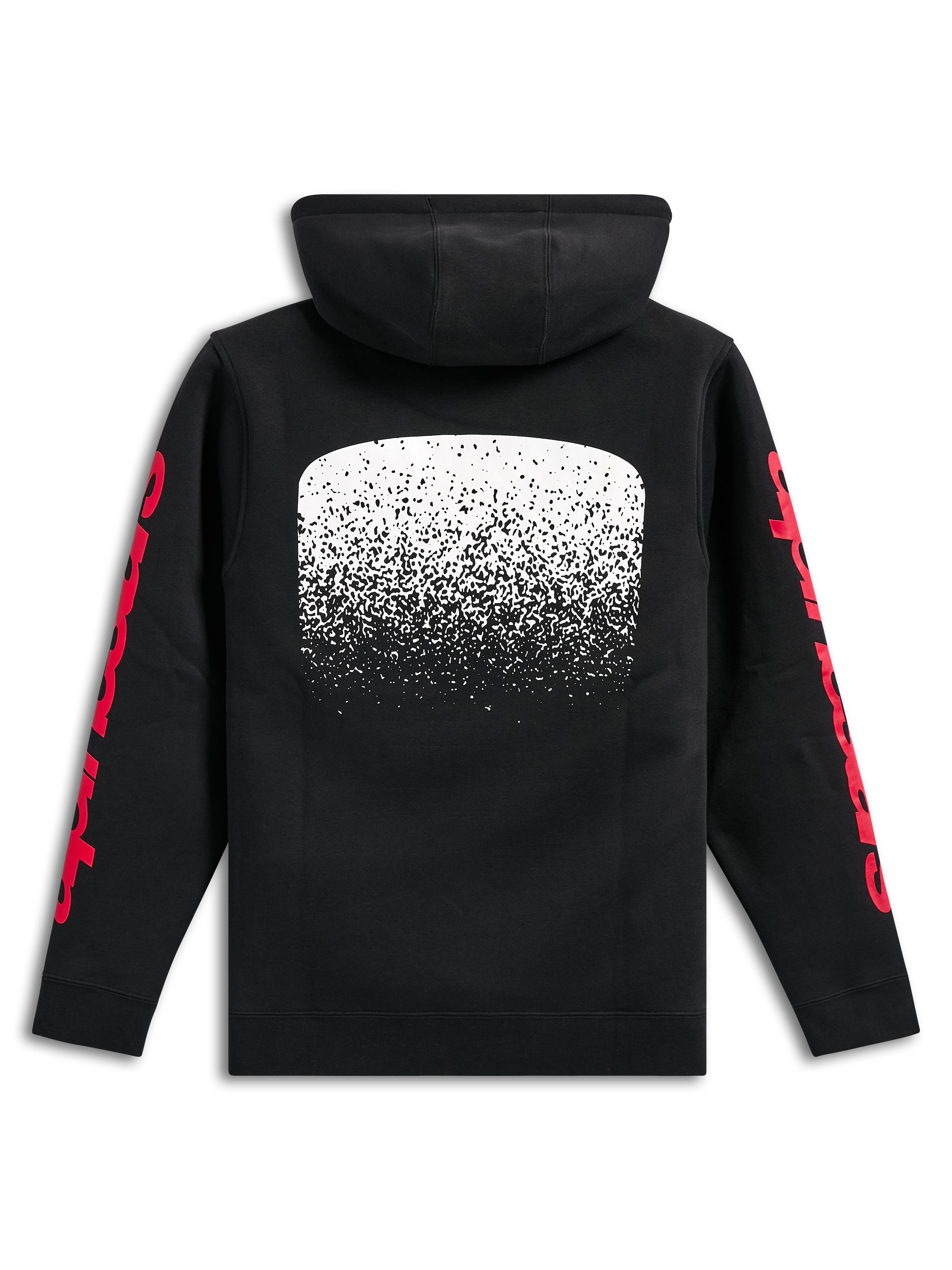Sudadera con capucha Alpinestars Obsessed, sudadera de forro polar negra, vista posterior, gran gráfico blanco con degradado MX en la espalda, logotipos de Alpinestars en rojo en las mangas, estilo streetwear casual inspirado en el motorsport