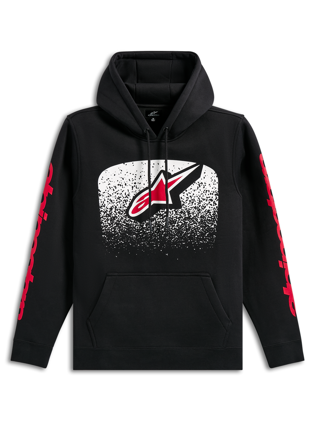 Alpinestars Obsessed Hoodie, sudadera con capucha negra, gran logotipo Astars frontal con degradado MX en blanco y rojo, logotipos de Alpinestars en rojo en las mangas, capucha con cordón y bolsillo tipo canguro, ropa urbana casual inspirada en el motorsport