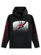 Alpinestars Obsessed Hoodie, sudadera con capucha negra, gran logotipo Astars frontal con degradado MX en blanco y rojo, logotipos de Alpinestars en rojo en las mangas, capucha con cordón y bolsillo tipo canguro, ropa urbana casual inspirada en el motorsport