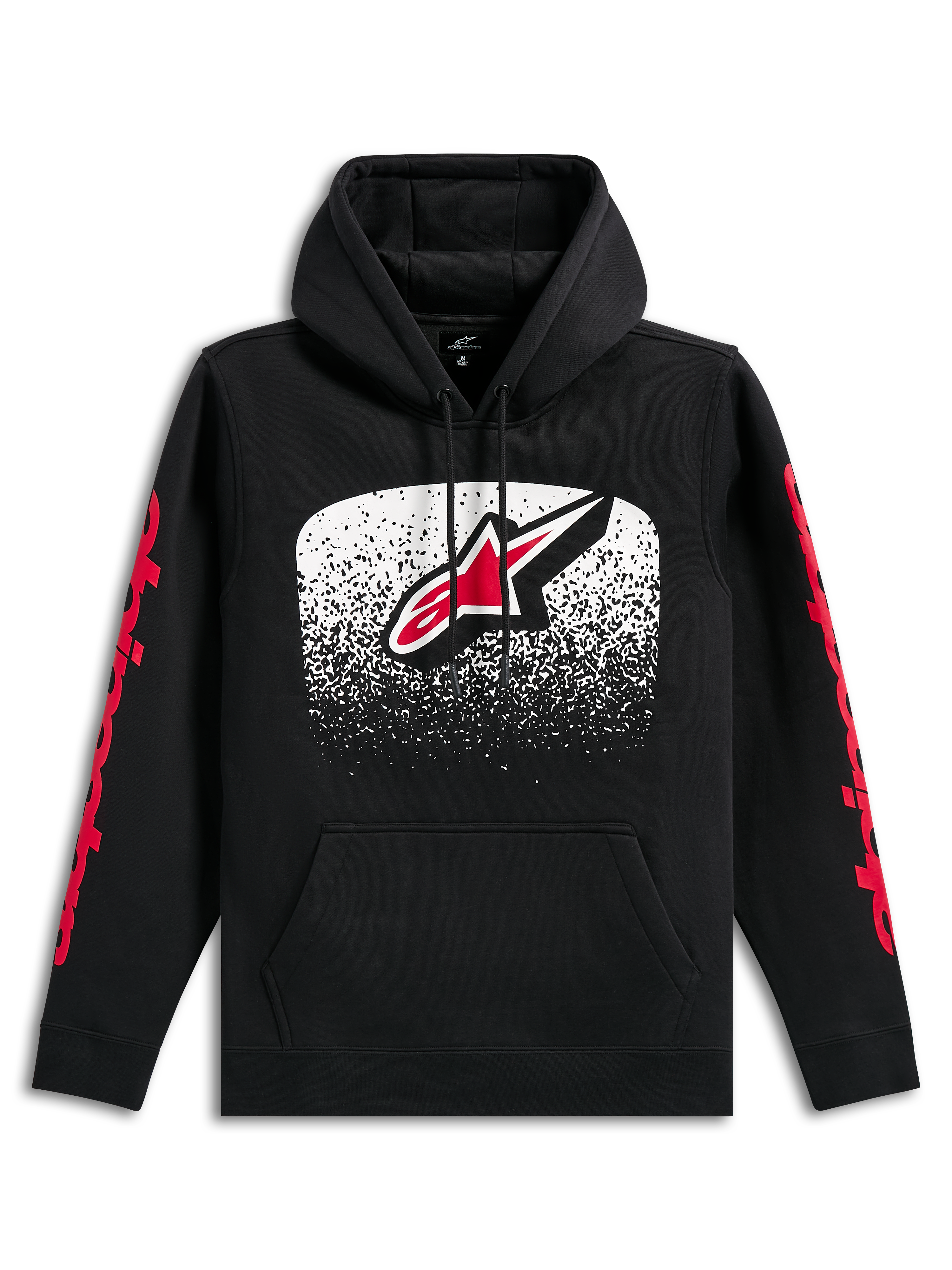 Alpinestars Obsessed Hoodie, sudadera con capucha negra, gran logotipo Astars frontal con degradado MX en blanco y rojo, logotipos de Alpinestars en rojo en las mangas, capucha con cordón y bolsillo tipo canguro, ropa urbana casual inspirada en el motorsport