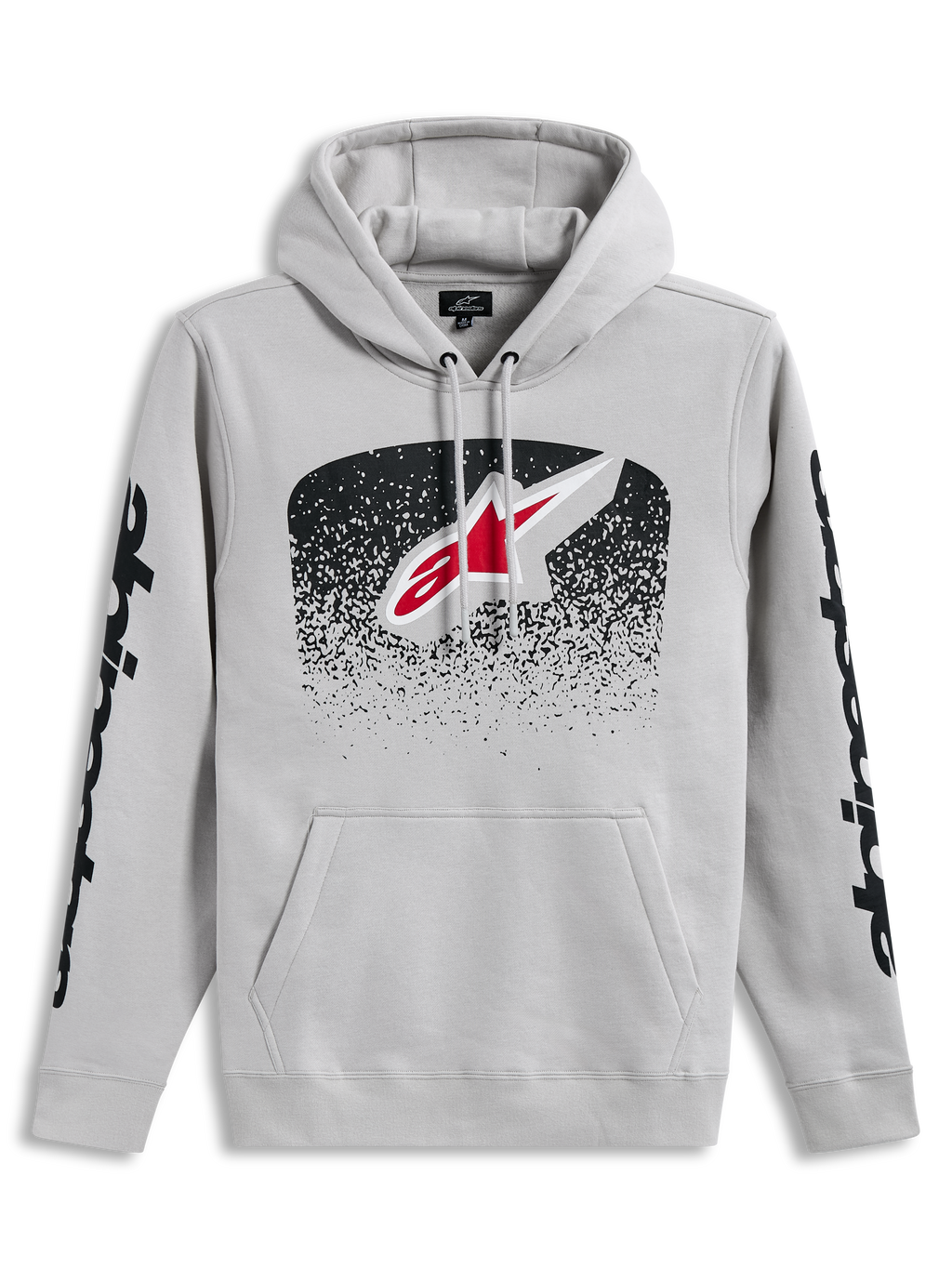 Alpinestars Obsessed Hoodie, sudadera gris cemento con logotipo frontal MX degradado y gráficos negros en las mangas.