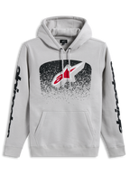 Alpinestars Obsessed Hoodie, sudadera gris cemento con logotipo frontal MX degradado y gráficos negros en las mangas.