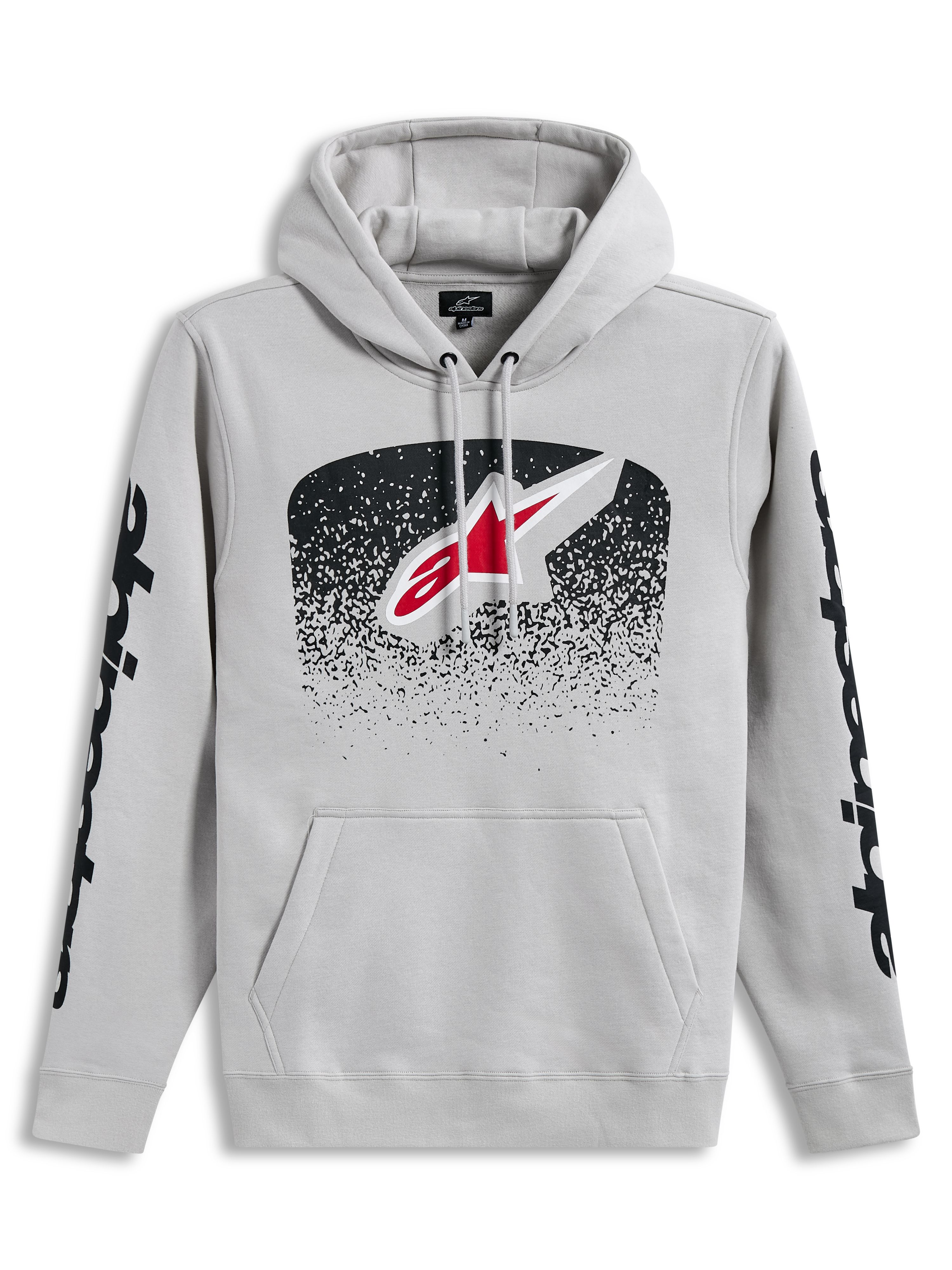 Alpinestars Obsessed Hoodie, sudadera gris cemento con logotipo frontal MX degradado y gráficos negros en las mangas.