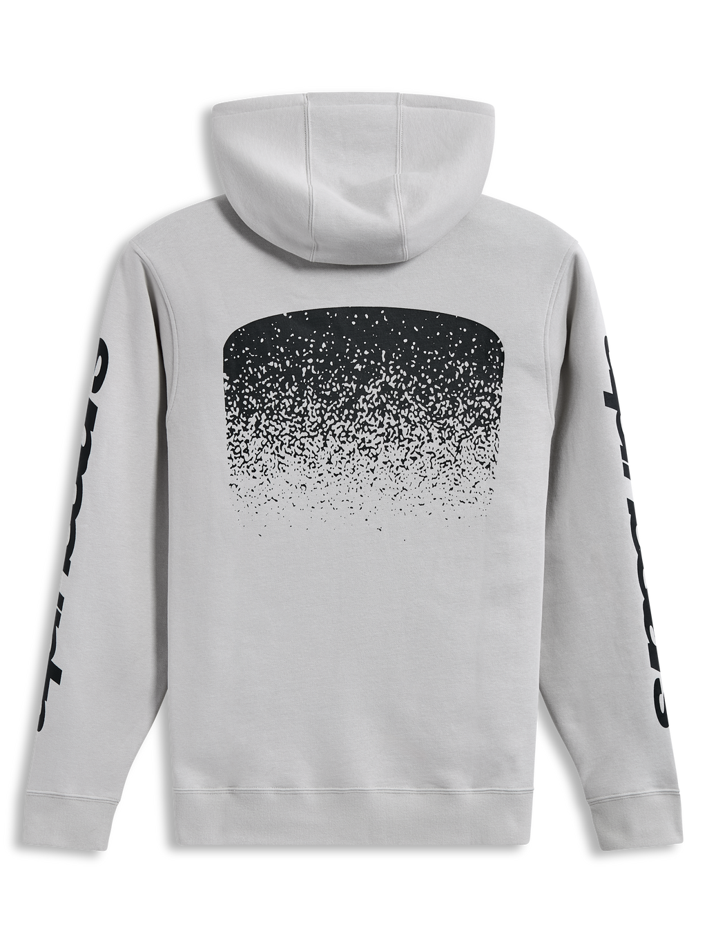 Alpinestars Obsessed Hoodie, sudadera con capucha tipo pullover, vista trasera en color gris cemento con gráfico degradado y logotipos en las mangas en negro, ropa deportiva casual