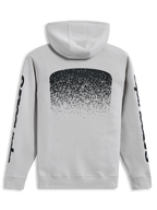Alpinestars Obsessed Hoodie, sudadera con capucha tipo pullover, vista trasera en color gris cemento con gráfico degradado y logotipos en las mangas en negro, ropa deportiva casual