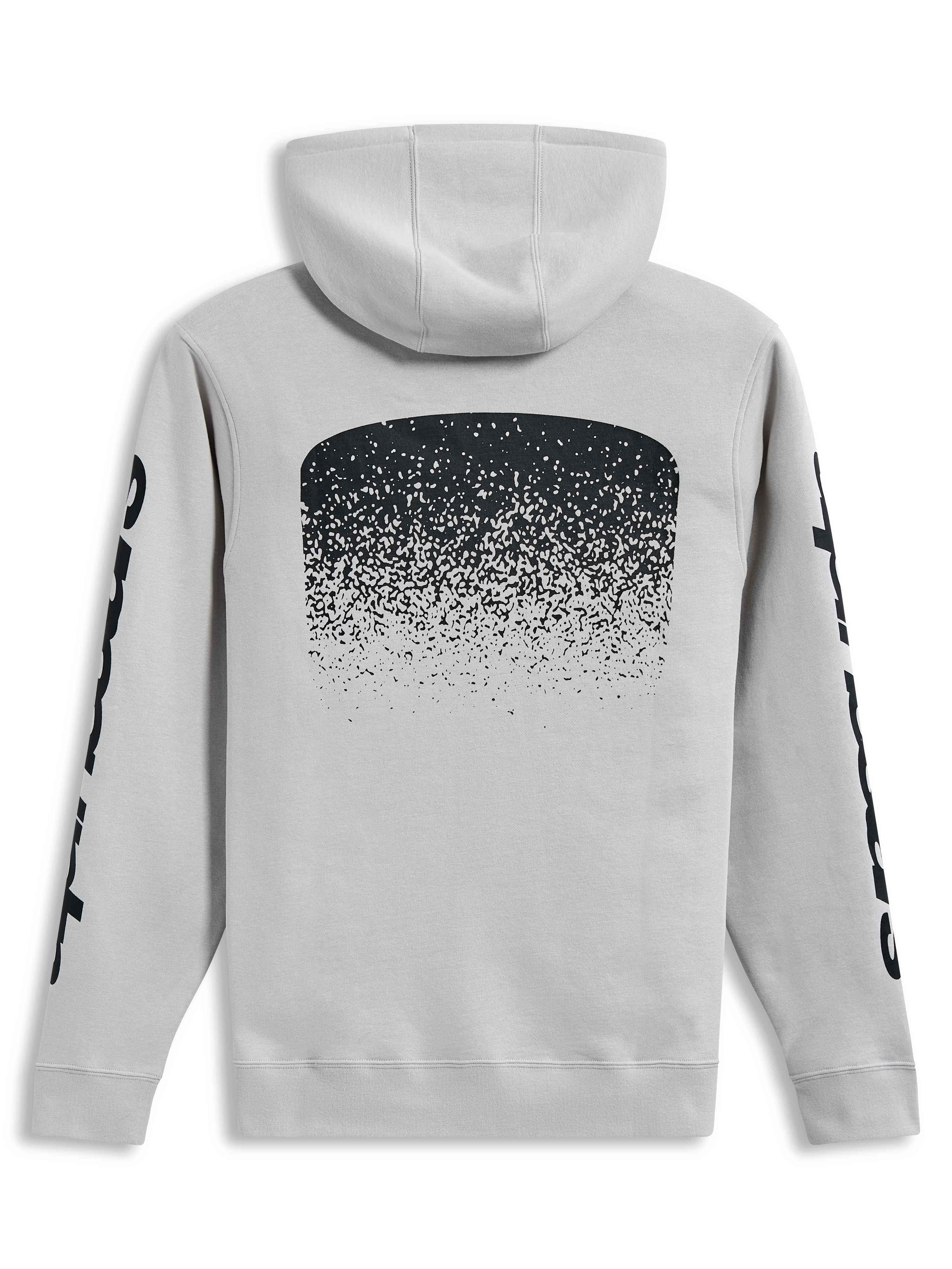 Alpinestars Obsessed Hoodie, sudadera con capucha tipo pullover, vista trasera en color gris cemento con gráfico degradado y logotipos en las mangas en negro, ropa deportiva casual