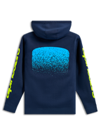 Alpinestars Obsessed Hoodie, back view, Navy blue, light blue MX gradation graphic on the back, yellow Alpinestars word logos on sleeves, casual motorsport streetwear