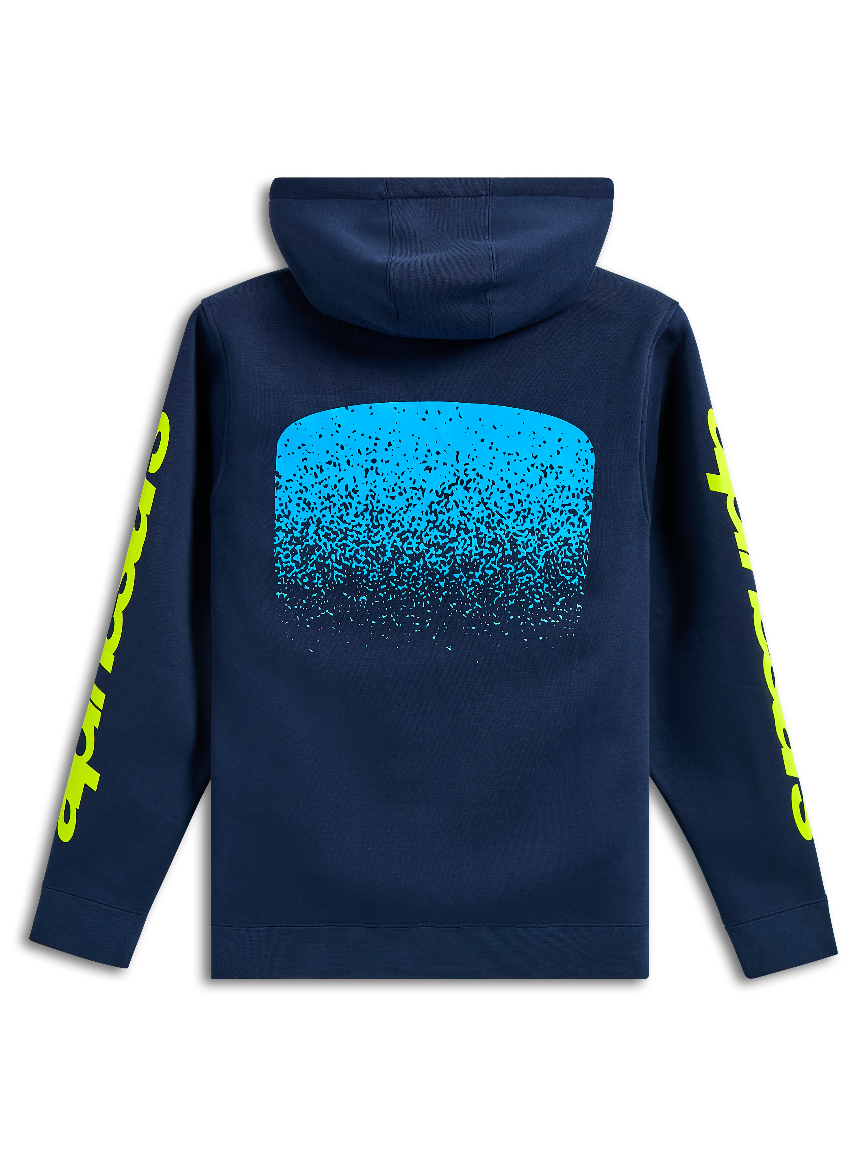 Alpinestars Obsessed Hoodie, back view, Navy blue, light blue MX gradation graphic on the back, yellow Alpinestars word logos on sleeves, casual motorsport streetwear