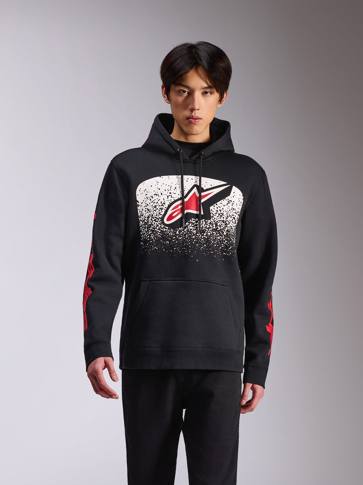 Sudadera con capucha Alpinestars Obsessed, ropa deportiva casual, sudadera negra con un gran logotipo Astars frontal con un degradado MX moteado en blanco y negro, logotipos rojos en las mangas, capucha con cordón y puños de canalé
