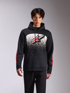 Sudadera con capucha Alpinestars Obsessed, ropa deportiva casual, sudadera negra con un gran logotipo Astars frontal con un degradado MX moteado en blanco y negro, logotipos rojos en las mangas, capucha con cordón y puños de canalé
