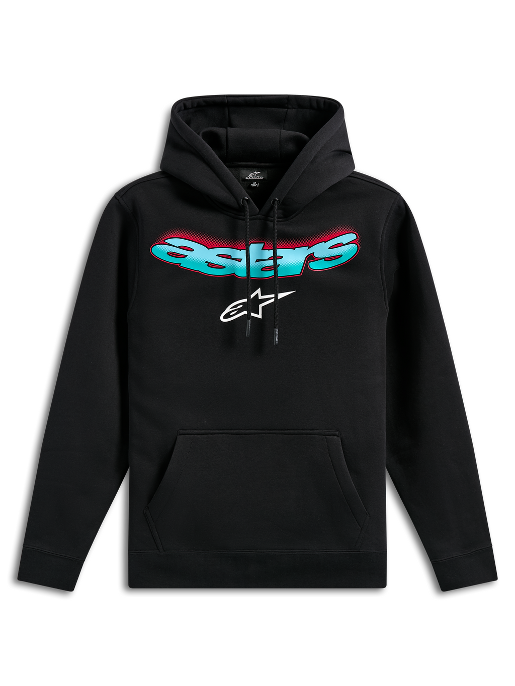 Alpinestars Ellipsoid Hoodie, sudadera de forro polar negro, con el nombre Astars curvado en degradado verde azulado y rojo y logotipo de estrella blanco, capucha con cordón, bolsillo de canguro, estilo casual inspirado en el automovilismo
