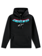 Alpinestars Ellipsoid Hoodie, sudadera de forro polar negro, con el nombre Astars curvado en degradado verde azulado y rojo y logotipo de estrella blanco, capucha con cordón, bolsillo de canguro, estilo casual inspirado en el automovilismo