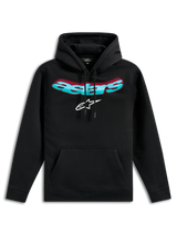 Alpinestars Ellipsoid Hoodie, sudadera de forro polar negro, con el nombre Astars curvado en degradado verde azulado y rojo y logotipo de estrella blanco, capucha con cordón, bolsillo de canguro, estilo casual inspirado en el automovilismo