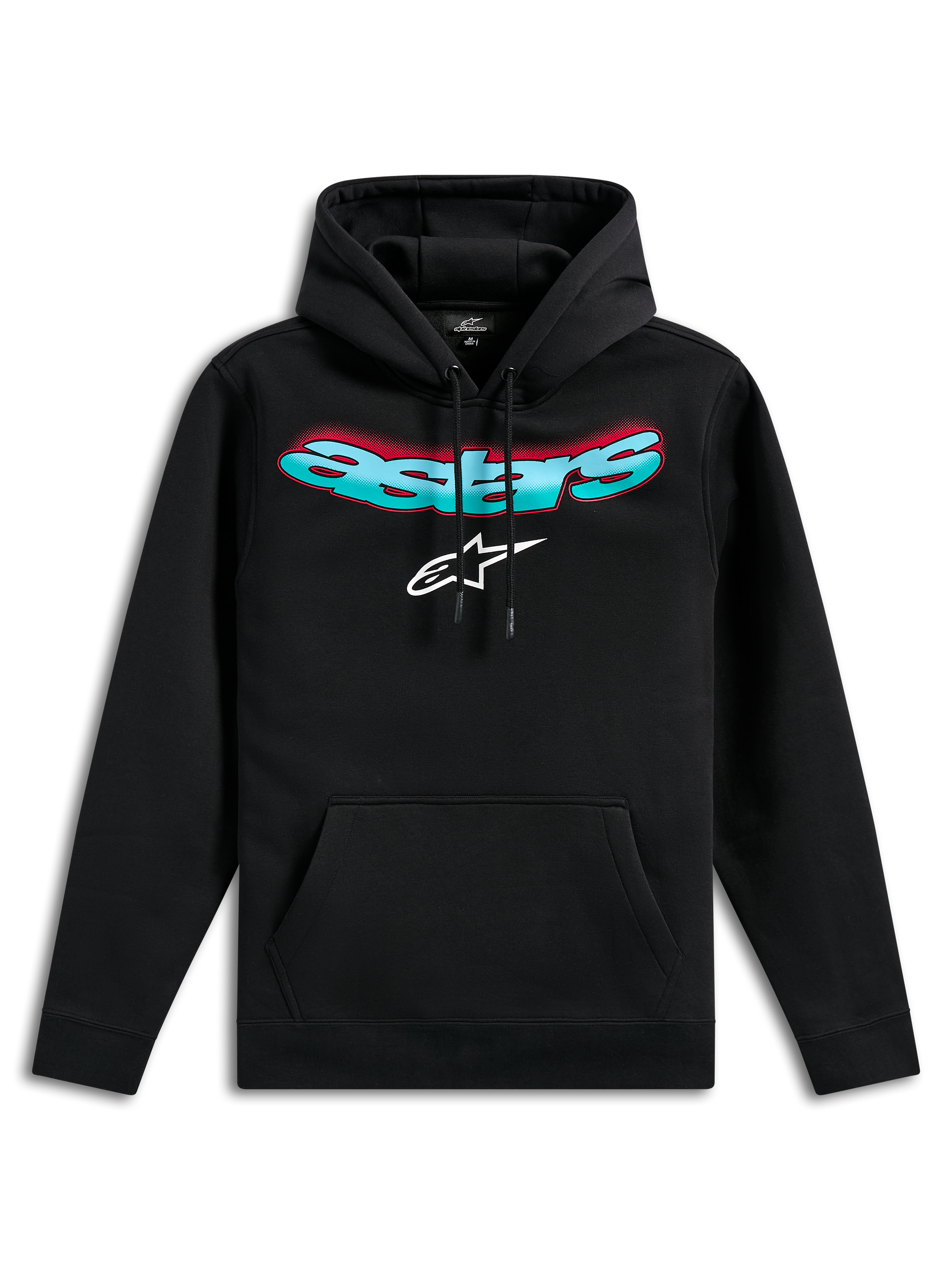 Alpinestars Ellipsoid Hoodie, sudadera de forro polar negro, con el nombre Astars curvado en degradado verde azulado y rojo y logotipo de estrella blanco, capucha con cordón, bolsillo de canguro, estilo casual inspirado en el automovilismo