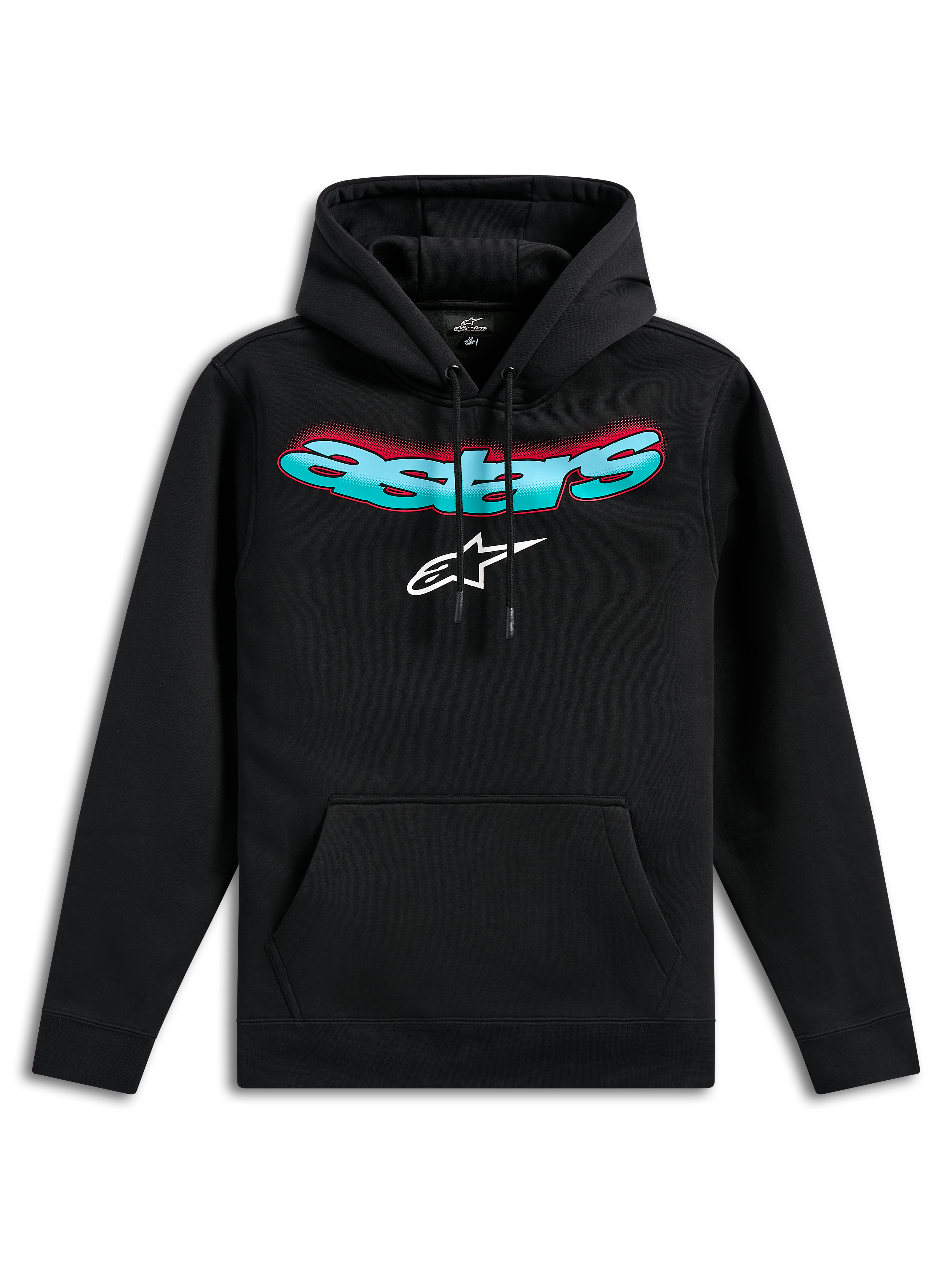 Alpinestars Ellipsoid Hoodie, sudadera de forro polar negro, con el nombre Astars curvado en degradado verde azulado y rojo y logotipo de estrella blanco, capucha con cordón, bolsillo de canguro, estilo casual inspirado en el automovilismo