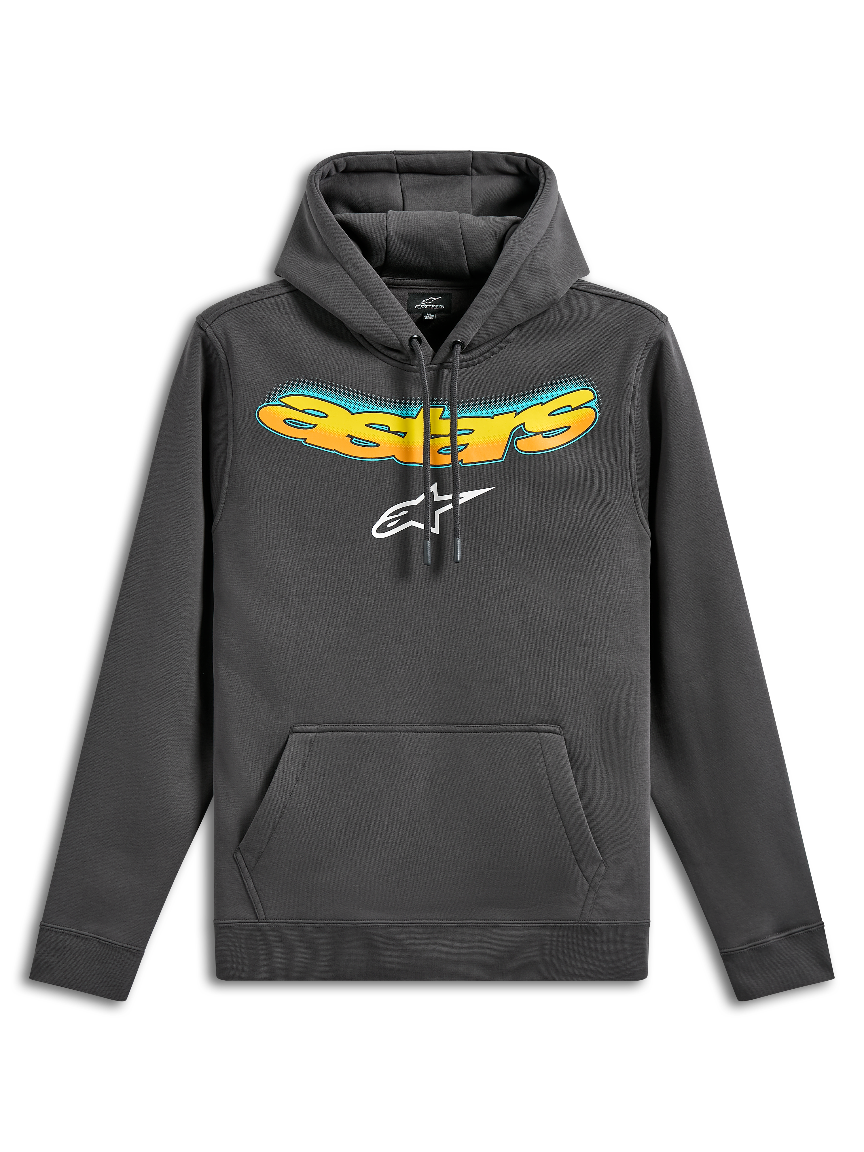 Alpinestars Ellipsoid Hoodie, Pullover Fleece Hoodie, Gunmetal Gray, featuring a curved Astars wordmark with yellow and orange color gradient and white Astars logo, front kangaroo pocket, casual motorsport-inspired streetwear
