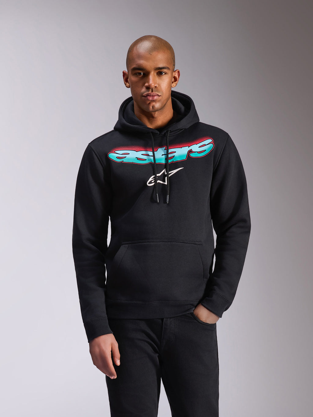 Sudadera con capucha Alpinestars Ellipsoid, forro polar negro, marca Astars con degradado en verde azulado y rosa y logotipo de estrella blanca en el pecho, capucha con cordón, bolsillo tipo canguro, ropa deportiva casual