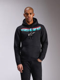 Sudadera con capucha Alpinestars Ellipsoid, forro polar negro, marca Astars con degradado en verde azulado y rosa y logotipo de estrella blanca en el pecho, capucha con cordón, bolsillo tipo canguro, ropa deportiva casual