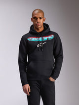 Sudadera con capucha Alpinestars Ellipsoid, forro polar negro, marca Astars con degradado en verde azulado y rosa y logotipo de estrella blanca en el pecho, capucha con cordón, bolsillo tipo canguro, ropa deportiva casual
