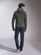 Alpinestars Ellipsoid Hoodie, Gunmetal gray pullover hoodie, back view, worn by model with dark denim jeans and black sneakers, casual motorsport-inspired streetwear