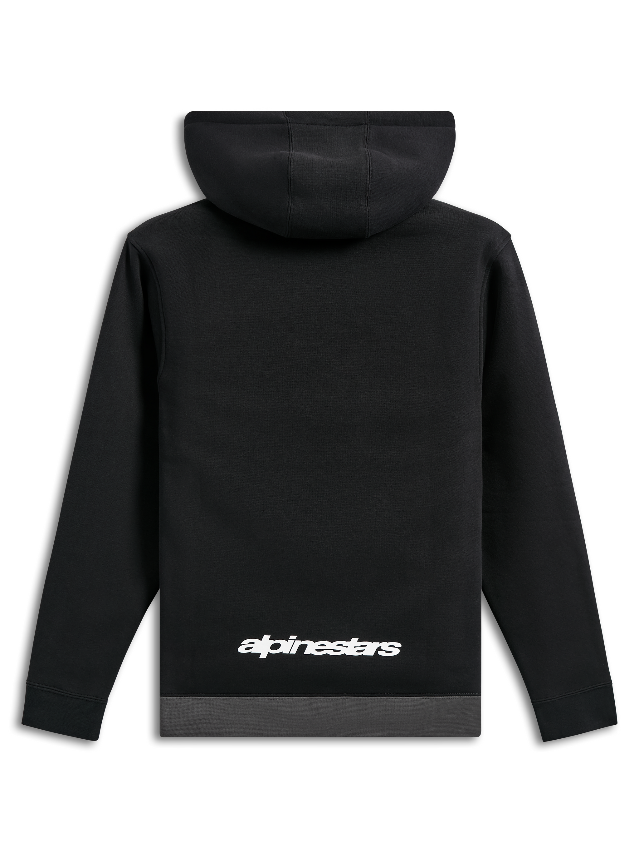 Sudadera con capucha Alpinestars Parallel, vista trasera, negra con dobladillo en gris gunmetal, logotipo de palabra Alpinestars en blanco en la parte inferior de la espalda, ropa de calle casual inspirada en el automovilismo, mangas largas con puños de canalé