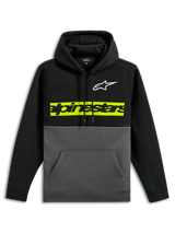 Sudadera con capucha Alpinestars Parallel, sudadera informal con diseño de bloques de color, parte superior y mangas negras con parte inferior en gris plomo, logo Astars blanco en el pecho, franja horizontal en verde amarillento vibrante con el logotipo de Alpinestars en negro, capucha con cordón y bolsillo de canguro frontal